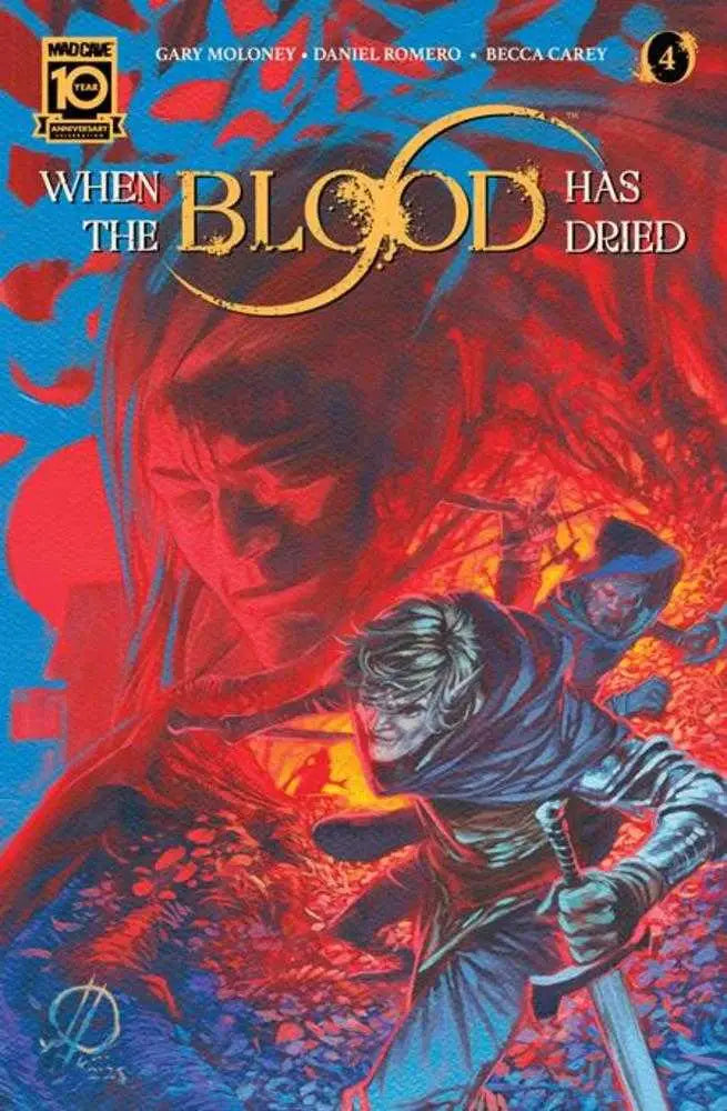 Comic book cover of When The Blood Has Dried featuring a cloaked figure in red and blue tones