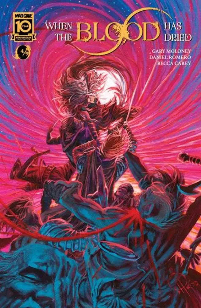 Comic book cover of When The Blood Has Dried #5 featuring a dark warrior with mystical energy