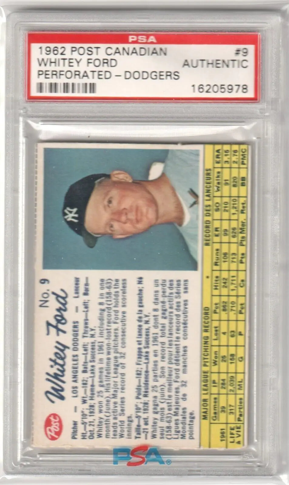 PSA-graded 1962 Post Canadian Baseball Card of Whitey Ford, Yankees Dodgers, Columbia Hobby