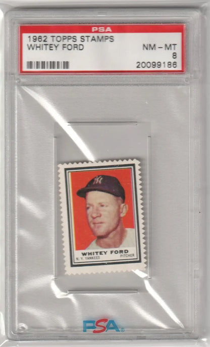 PSA-graded 1962 Topps Stamps Whitey Ford baseball card in protective holder from Columbia Hobby