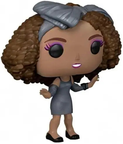 Whitney Houston Funko Pop figure in gray dress with curly hair and purple eyeshadow