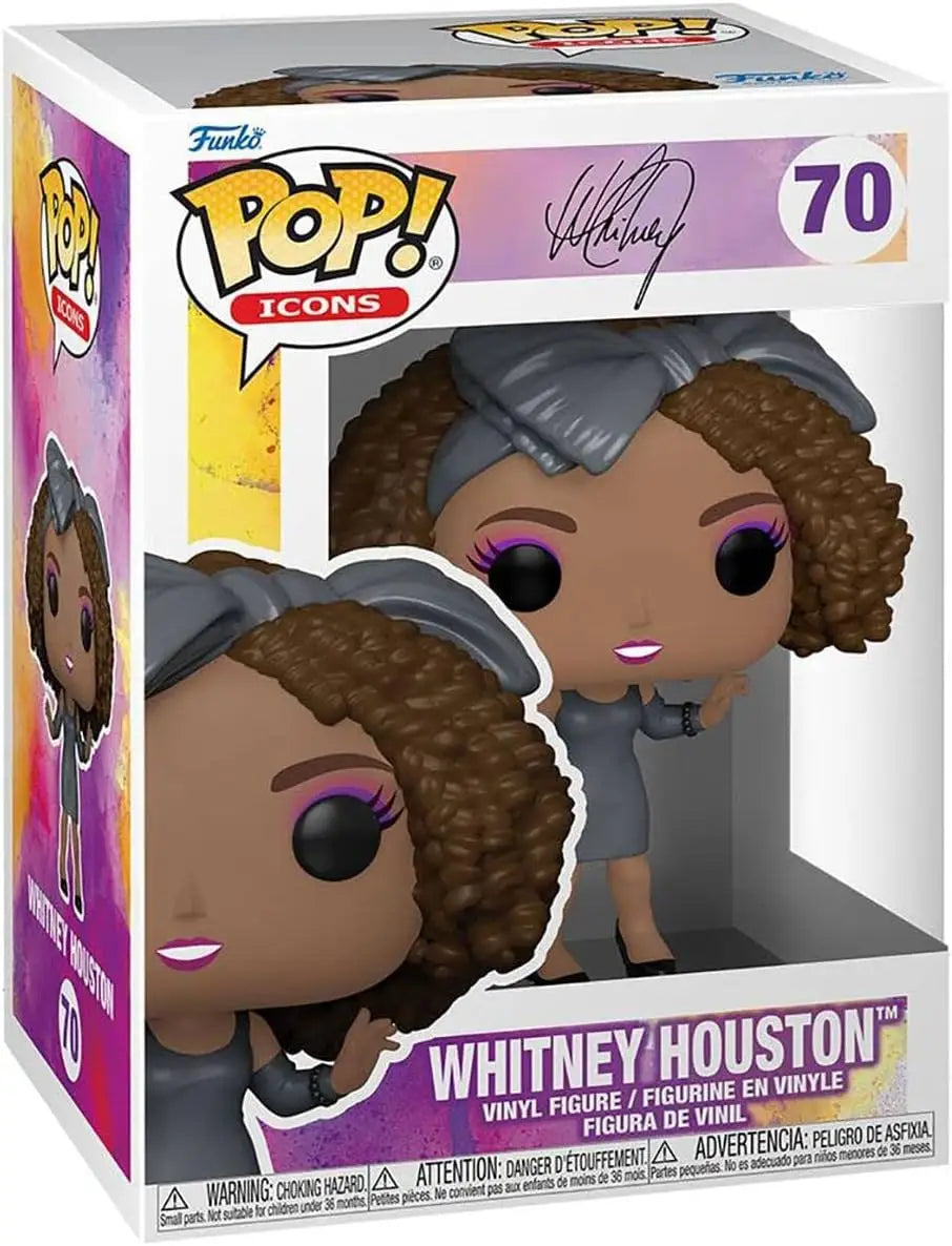 Whitney Houston Funko Pop vinyl figure with curly hair in grey outfit from Funko Pop Icons