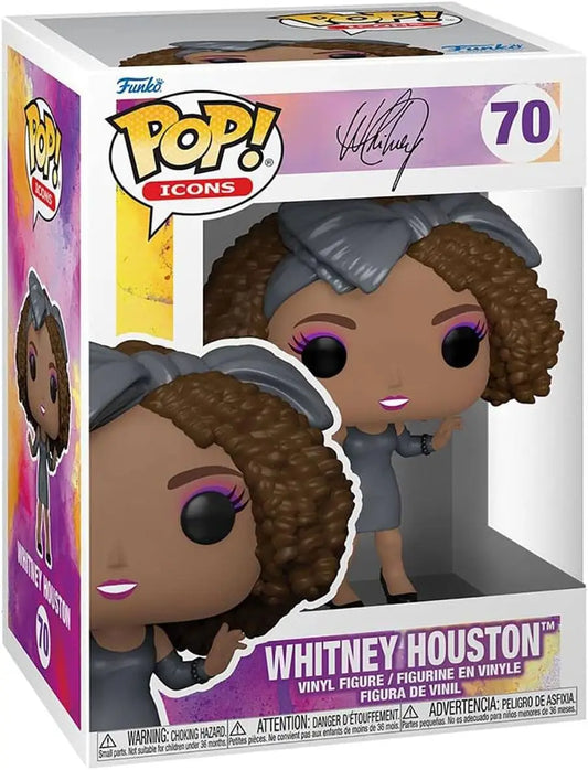 Whitney Houston Funko Pop vinyl figure with curly hair in grey outfit from Funko Pop Icons