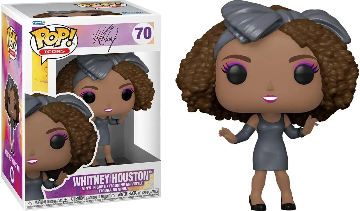 Whitney Houston Funko Pop vinyl figure in gray dress with curly hair and purple eyeshadow