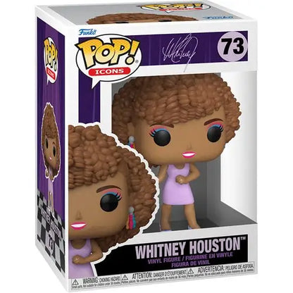 Whitney Houston Funko Pop in a purple dress with curly hair and pink lips