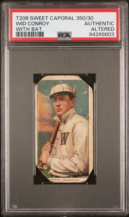 PSA-graded T206 Sweet Caporal card of Wid Conroy holding bat, PSA Authentic Altered