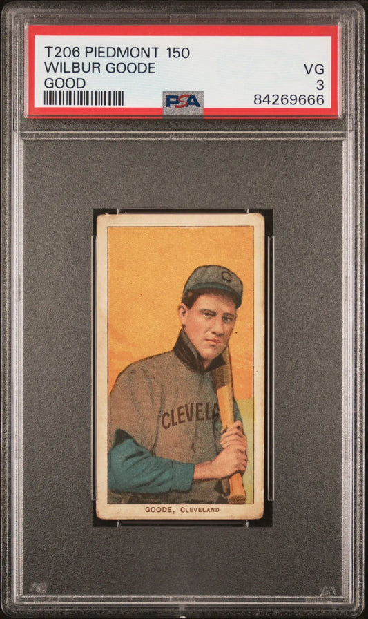 Wilbur Goode Good 1909-11 T206 Piedmont baseball card of a Cleveland player with bat