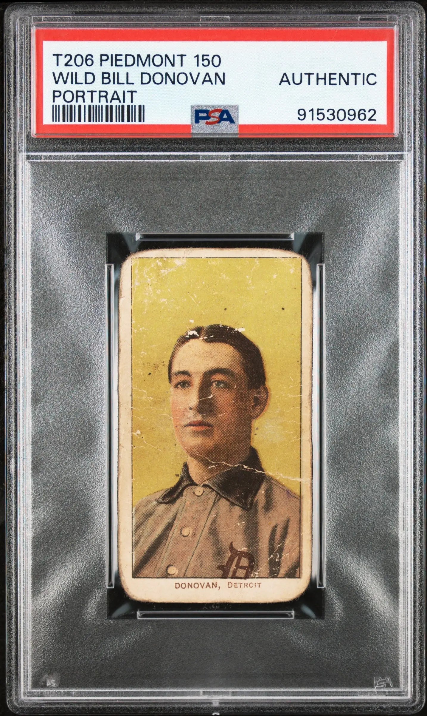 PSA-authenticated T206 Piedmont 150 Wild Bill Donovan portrait baseball card in holder