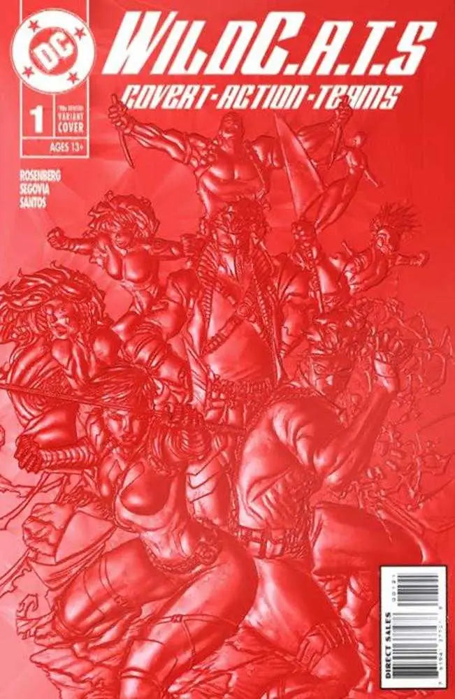 Comic book cover of WildC.A.T.S #1 in red monochrome for trading cards collectors