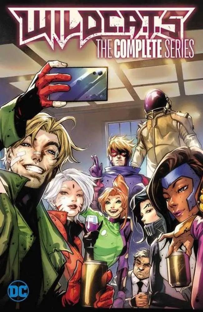 Wildcats The Complete Series TPB cover with superhero motley crew battling Halo Corporation