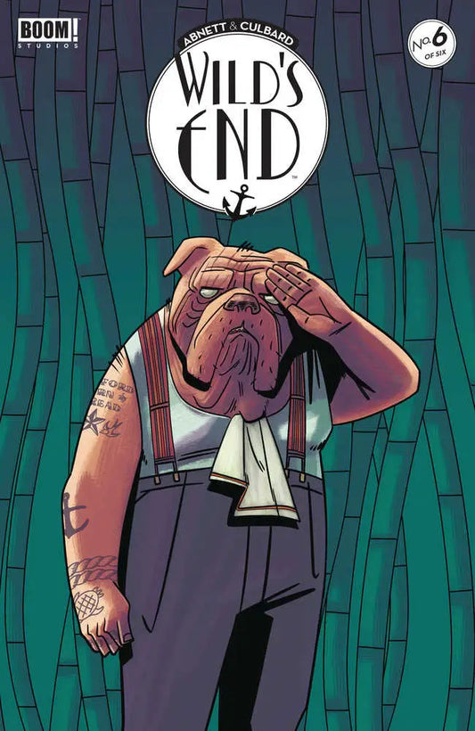 Comic book cover of Wilds End #6 featuring a frustrated bulldog in casual attire