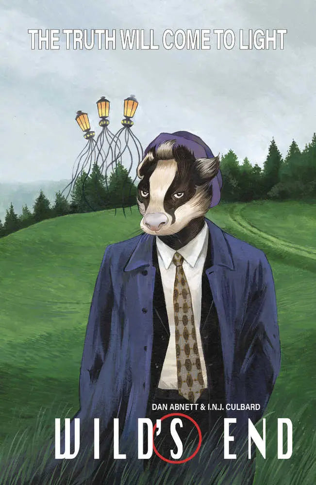 Anthropomorphic cow in business suit against misty landscape for Wilds End trading cards