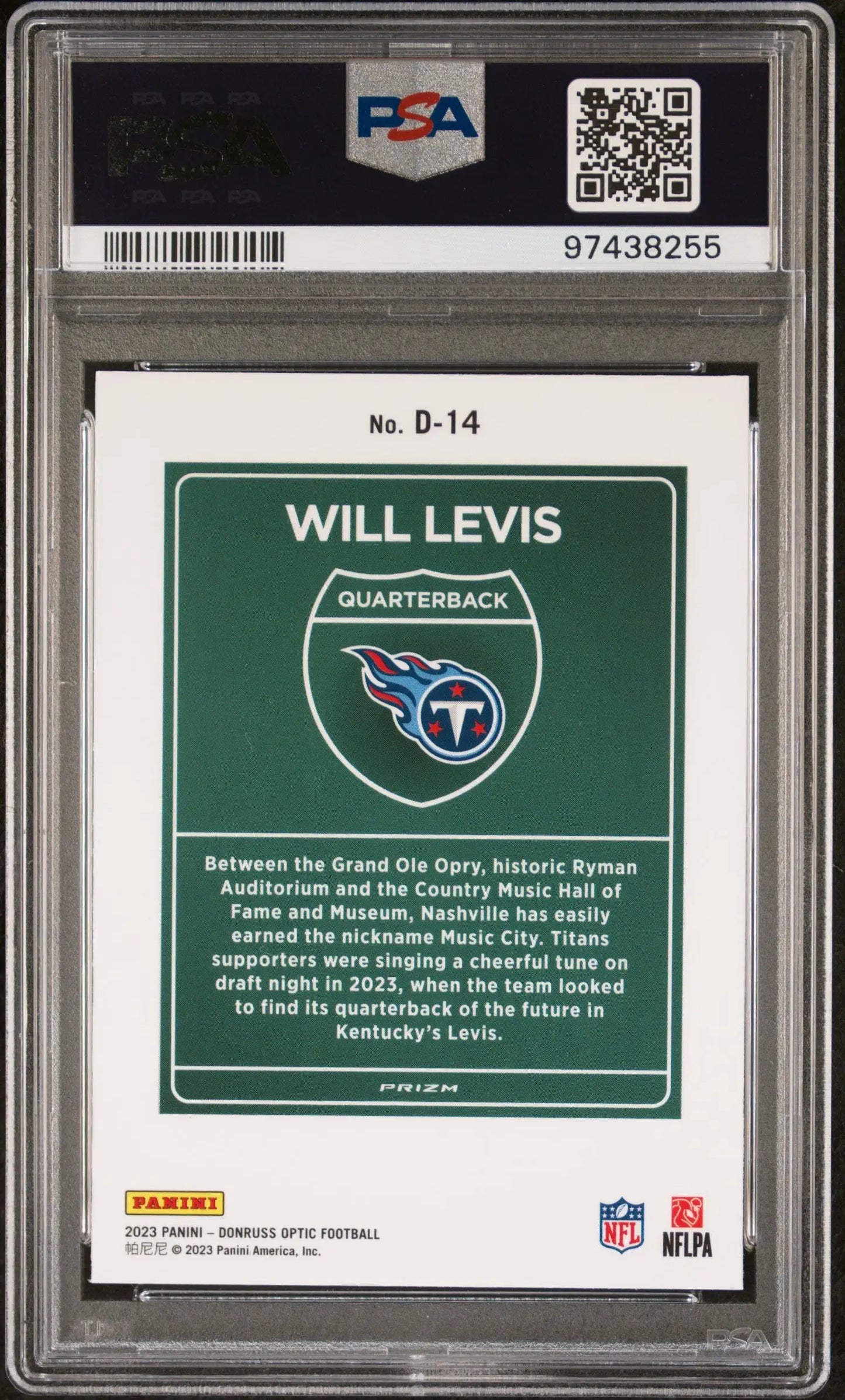 PSA-graded Will Levis 2023 Donruss Optic Downtwon NFL card on a green background