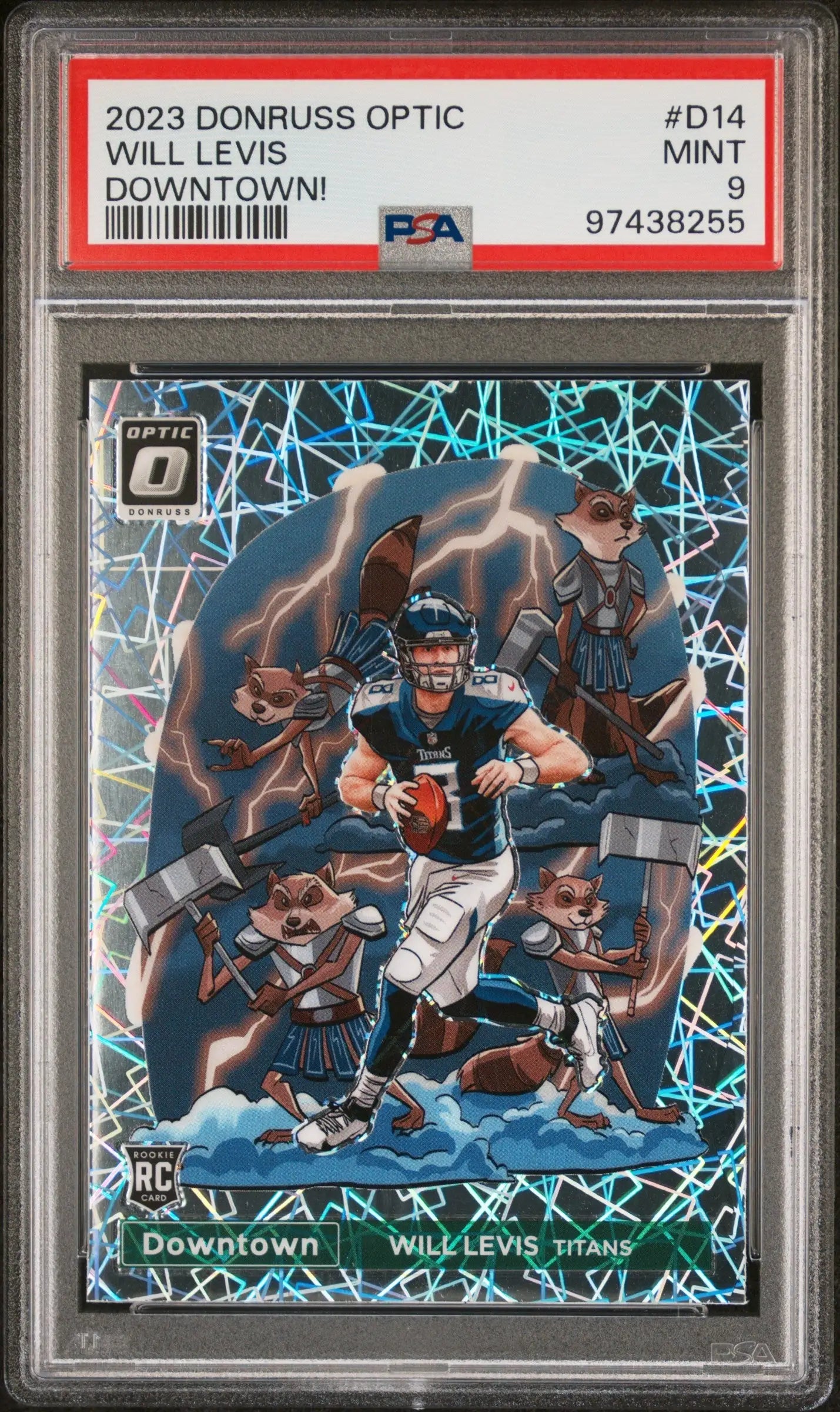 PSA-graded Will Levis 2023 Donruss Optic Downtown card in Bears uniform with lightning design