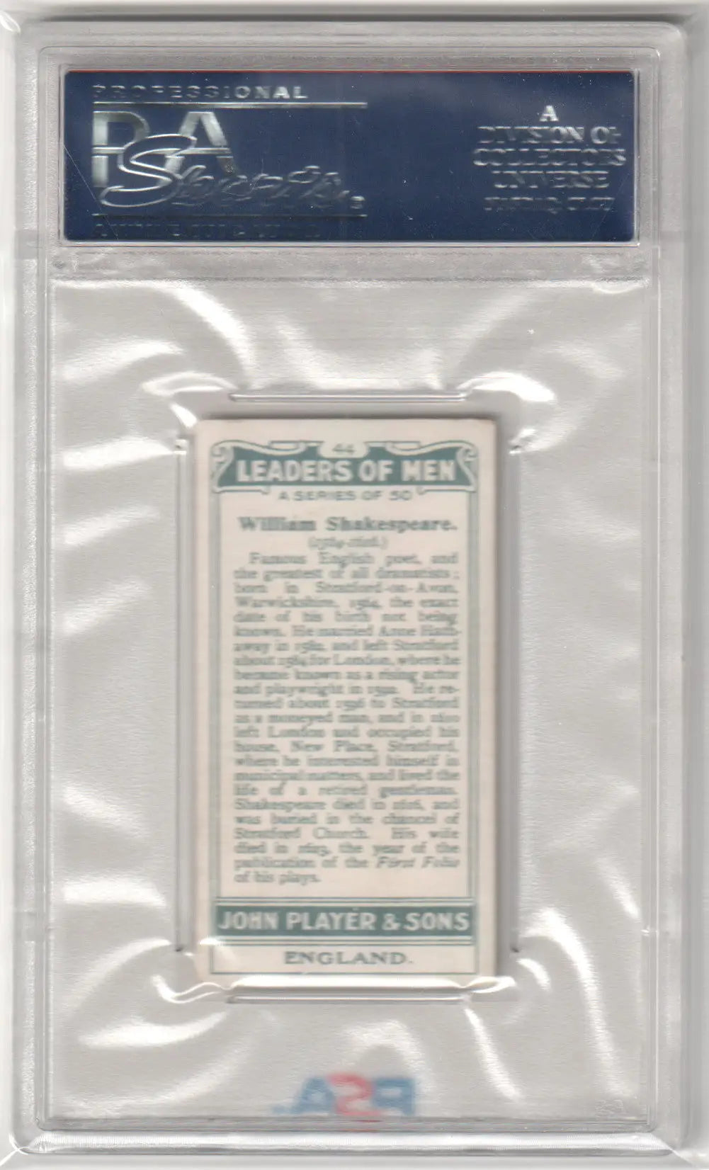 PSA-graded William Shakespeare trading card from John Player & Son Leaders collection