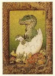 Baby dinosaur hatching from an egg on William Stout Series 2 promo card trading card