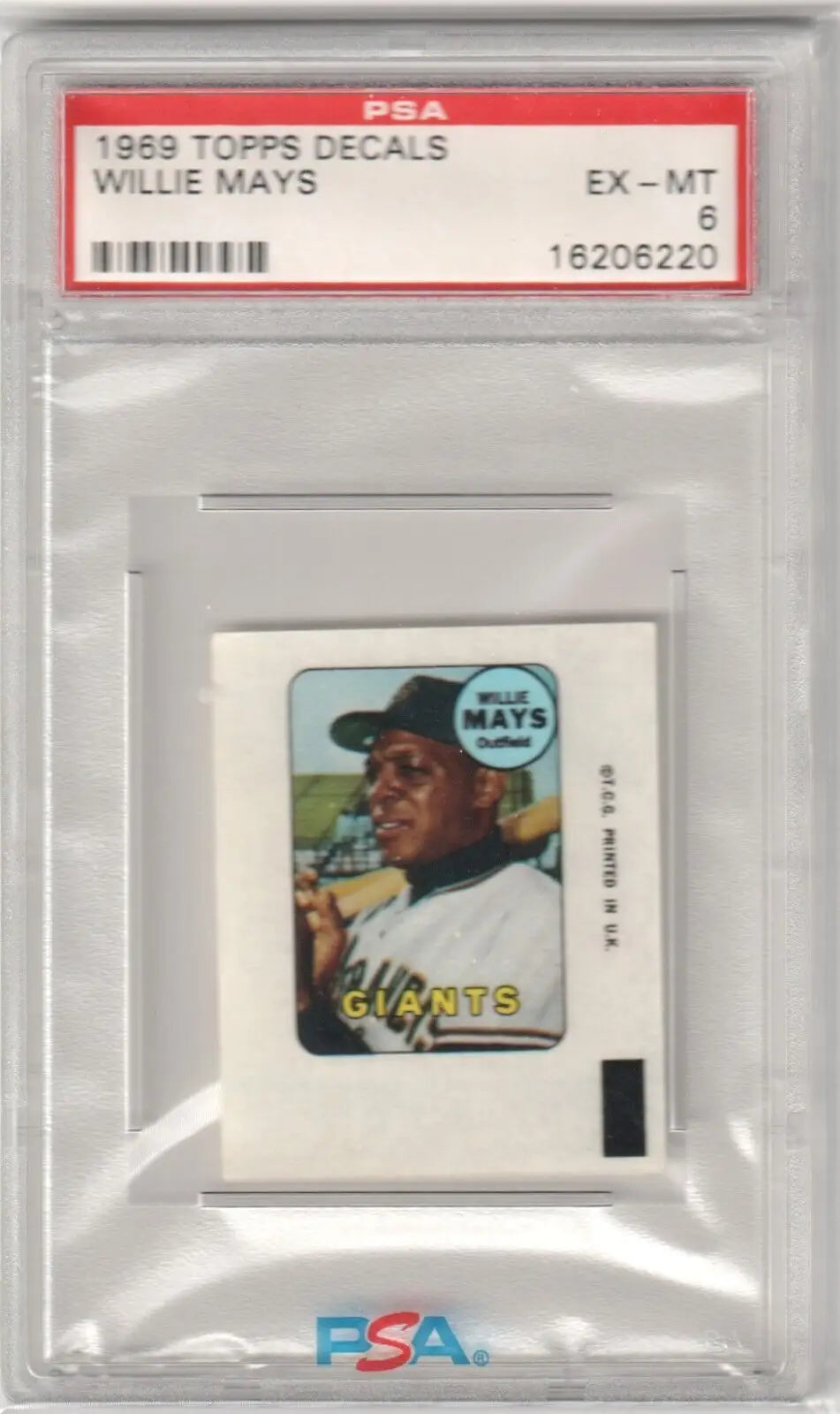 PSA-graded 1969 Topps Decals Willie Mays card in Giants uniform for single cards collectors