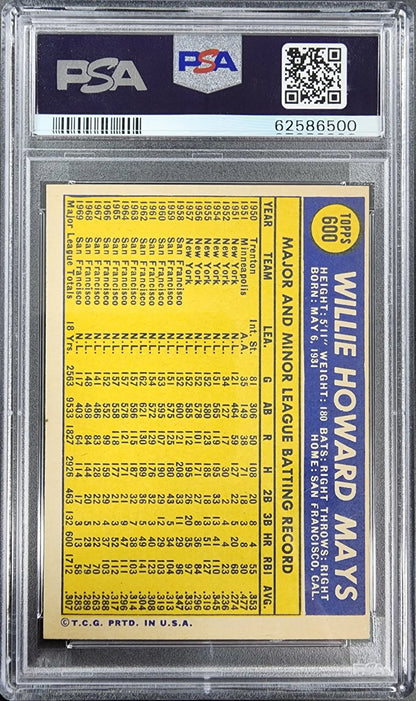 PSA-graded Willie Mays 1970 Topps #600 baseball card with yellow stats grid on back