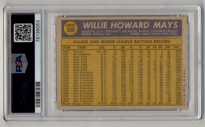 Willie Mays 1970 Topps #600 baseball card with career stats in protective case