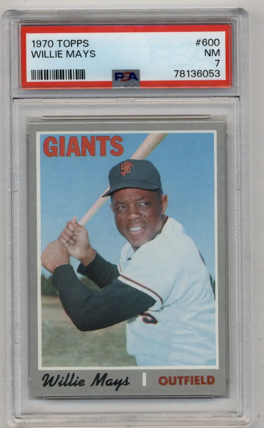 PSA-graded Willie Mays 1970 Topps baseball card in protective case for trading cards