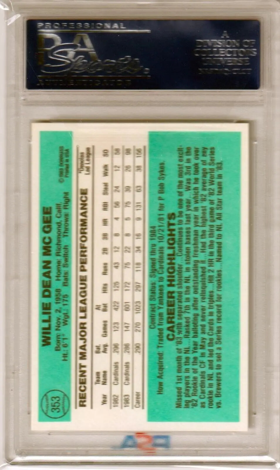 Willie McGee 1984 Donruss #353 PSA 10 GEM MINT in protective case for single cards collection