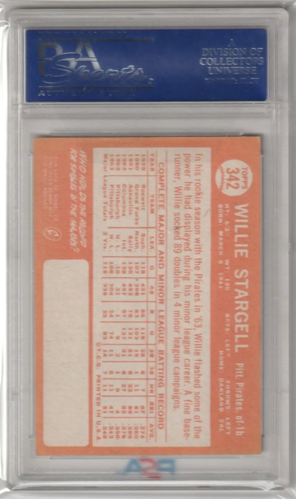 Willie Stargell 1964 Topps #342 PSA 7 NM baseball card with blue label in protective holder