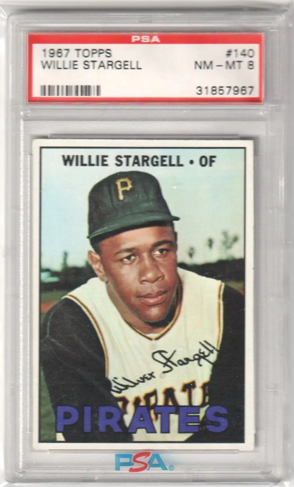 PSA-graded 1967 Topps Willie Stargell baseball card in protective case from Columbia Hobby