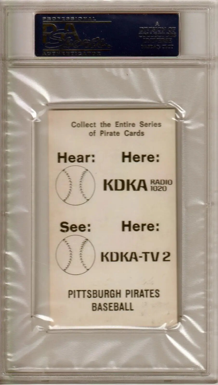 Vintage promotional card for Pittsburgh Pirates broadcasts on KDKA radio and TV2 single cards