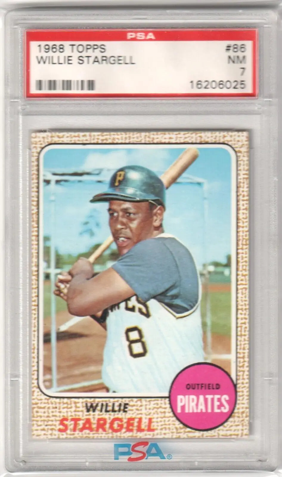 1968 Topps Pittsburgh Pirates Willie Stargell baseball card in PSA 7 holder from Columbia Hobby