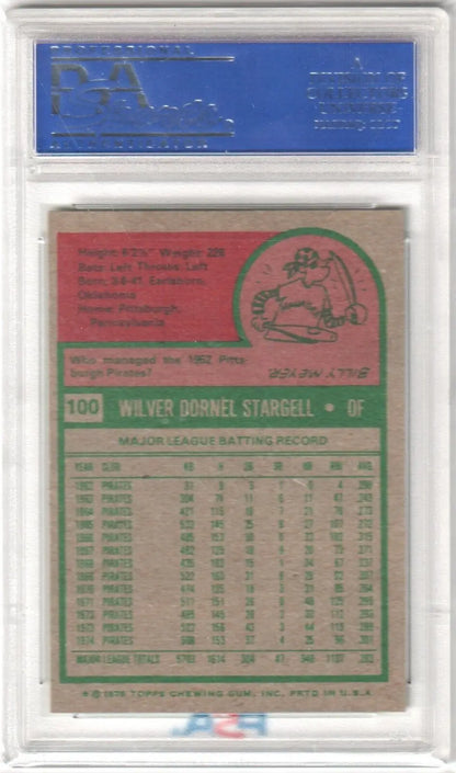 Baseball card in a clear case displaying Willie Stargell stats, ideal for single cards collectors