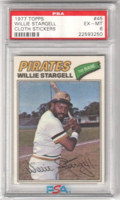 PSA-graded 1977 Topps Pirates cloth sticker card of Willie Stargell in protective case