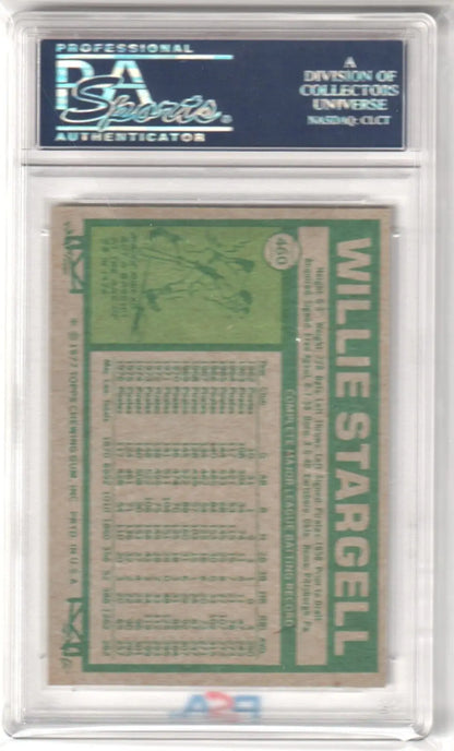 PSA-graded Willie Stargell 1977 Topps #460 baseball card with green back statistics