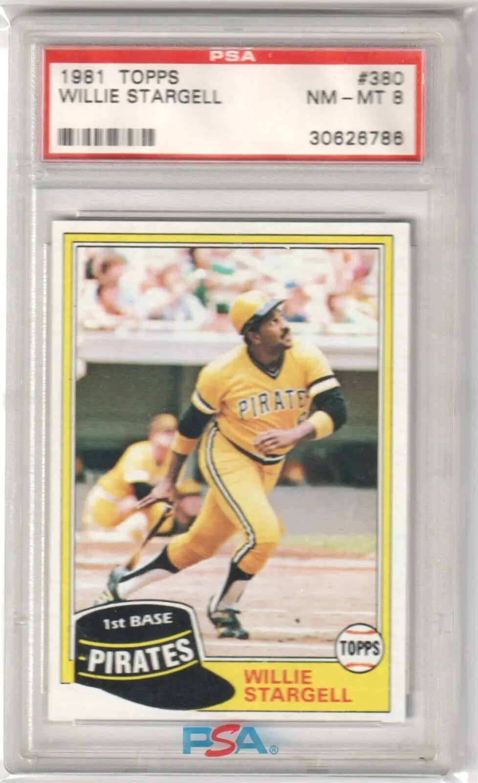 PSA-graded 1981 Topps Willie Stargell baseball card in protective case from Columbia Hobby