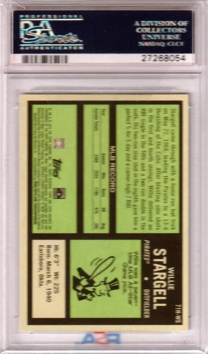 PSA-graded vintage Willie Stargell baseball card back with green stats for single cards