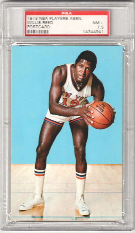 Vintage 1972 NBA Players Association postcard of Willis Reed in PSA 7.5 NM+ case