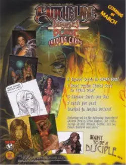 Promotional poster for Witchblade Disciples featuring blade trading card sell sheet