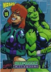 Comic book cover of Wizard Chromium Series promo card featuring red-haired and green-skinned heroes