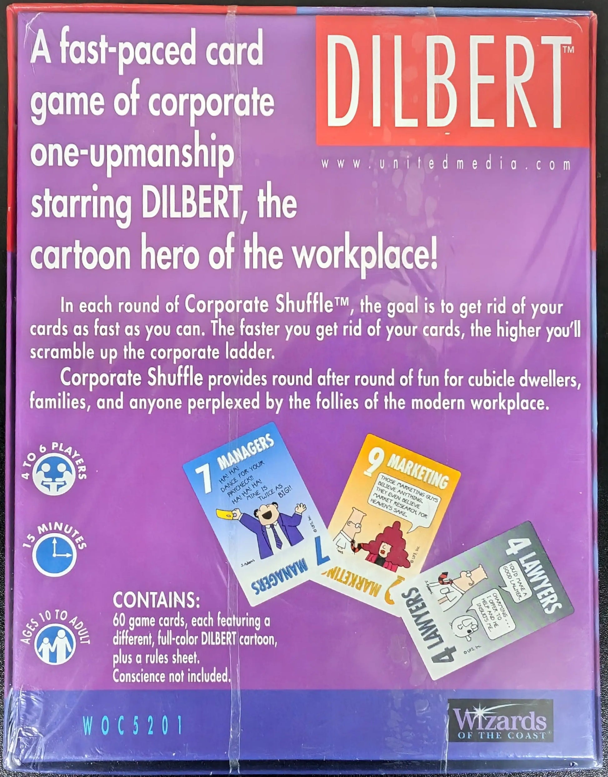 Card game box for Wizards Dilbert Corporate Shuffle featuring colorful illustrations