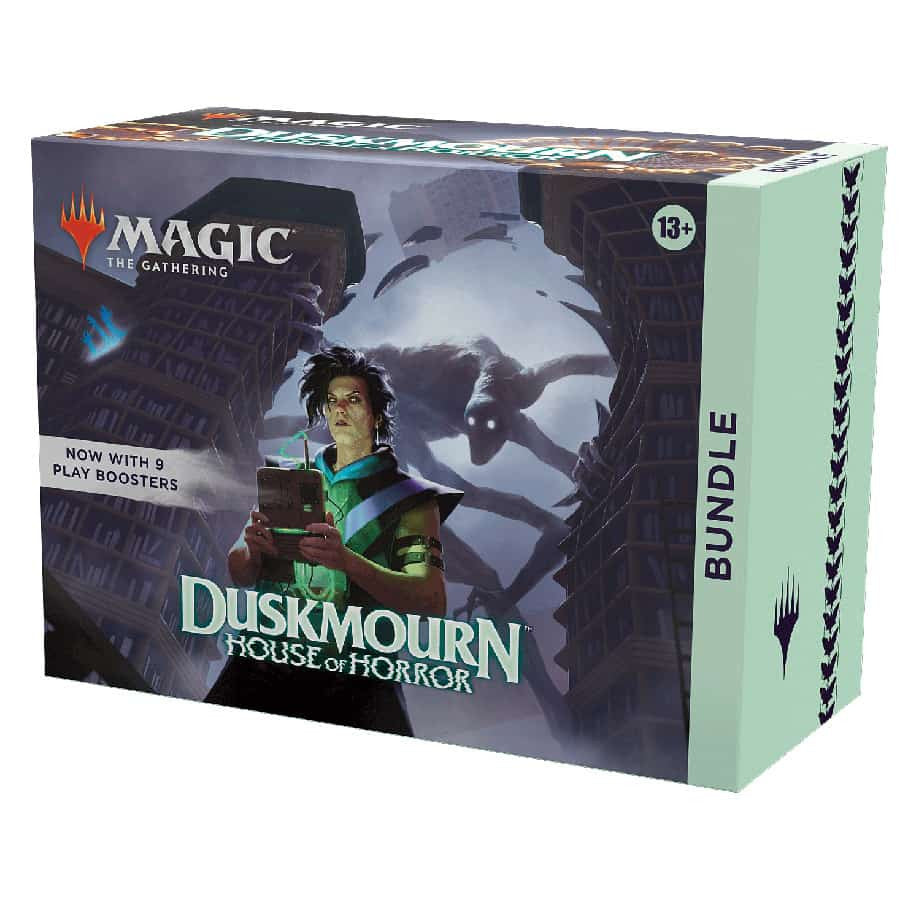 Magic The Gathering Duskmourn House of Horror Bundle Box with traditional foil land cards and oversized spindown life counter