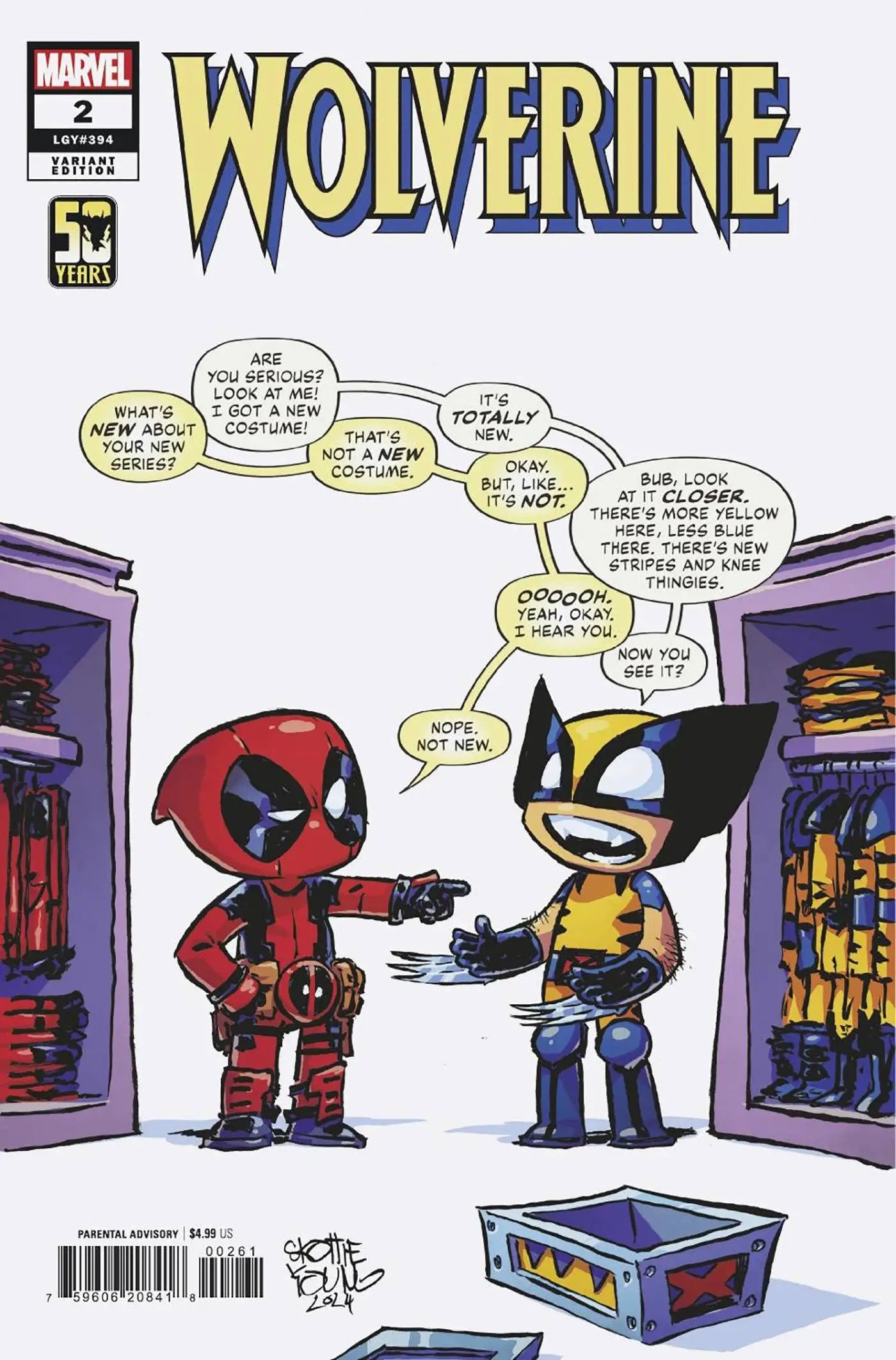 Comic book cover of Deadpool and Wolverine chibi art in WOLVERINE #2 SKOTTIE YOUNG VAR