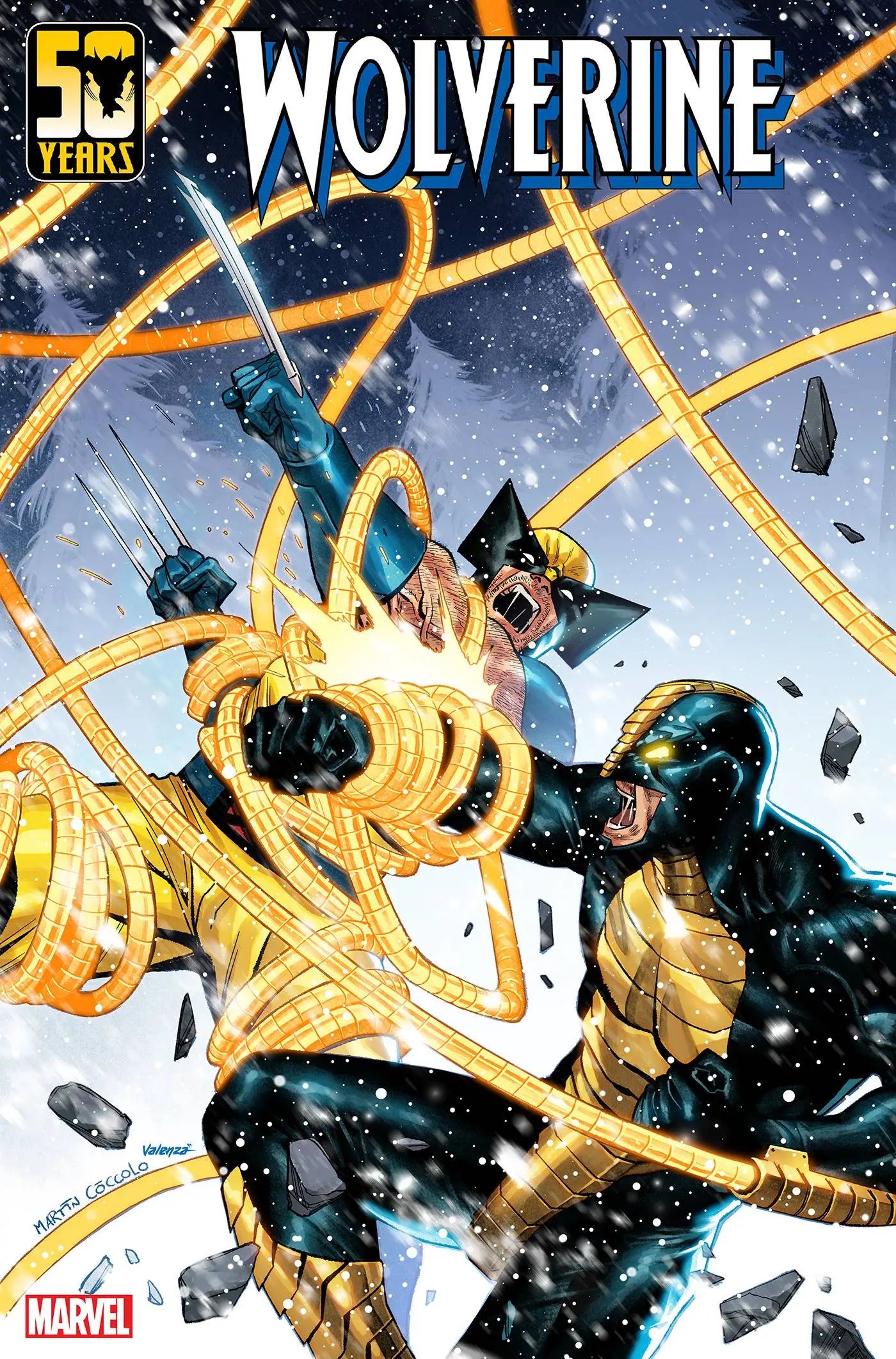 Comic book cover of Wolverine in battle, showcasing dynamic energy effects and snow