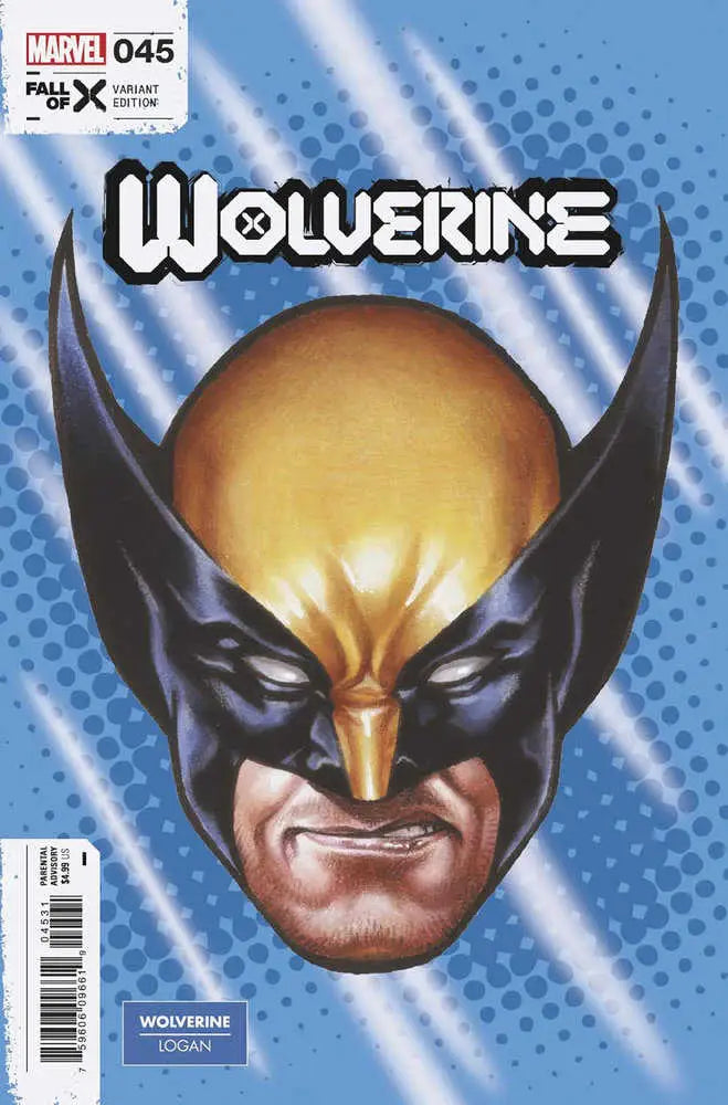 Yellow and black masked superhero head from Wolverine #45 Mark Brooks Headshot Variant for trading cards