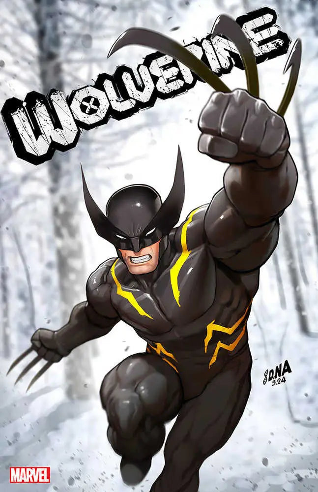 Wolverine in black suit with yellow accents leaps, featured in trading cards collection