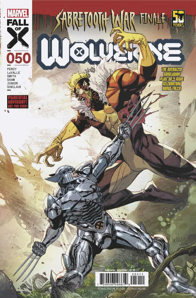 Comic book cover of Wolverine in Sabretooth War battling armored foes for trading cards