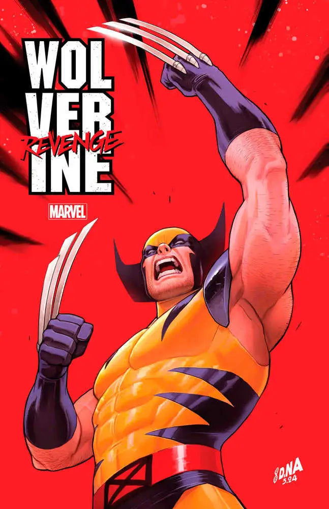 Comic book artwork of Wolverine in yellow and blue costume on David Nakayama foil variant