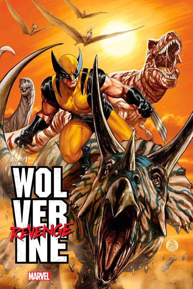 Yellow-clad superhero with claws fights dinosaurs in Wolverine: Revenge Mark Brooks Variant