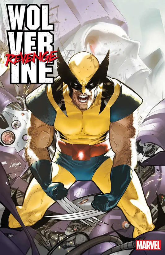 Wolverine in yellow and blue costume with claws, featured in Pablo Villalobos Variant