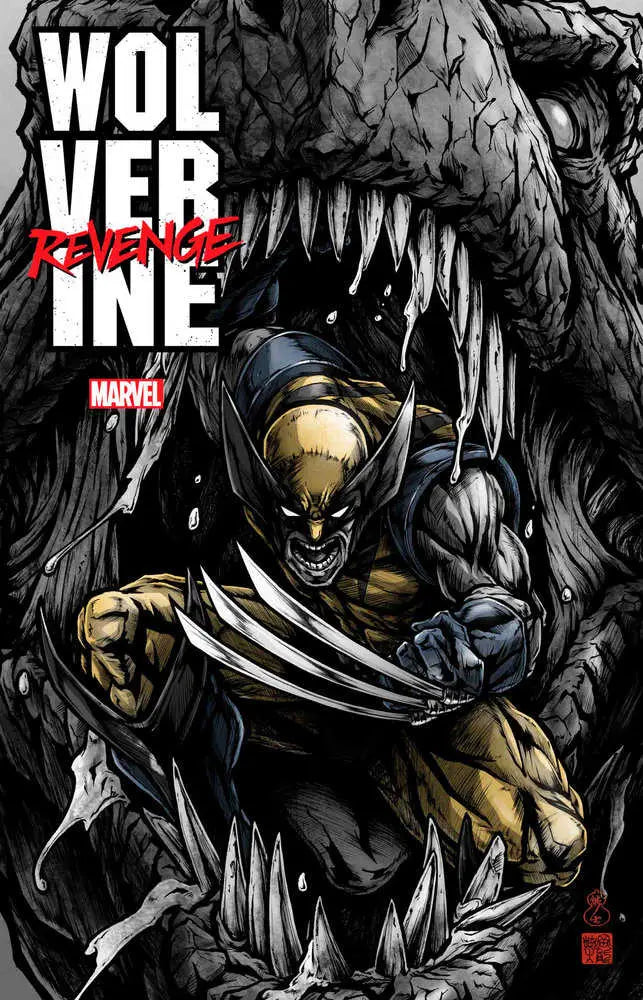 Wolverine bursts through with claws in yellow and blue costume on trading cards variant