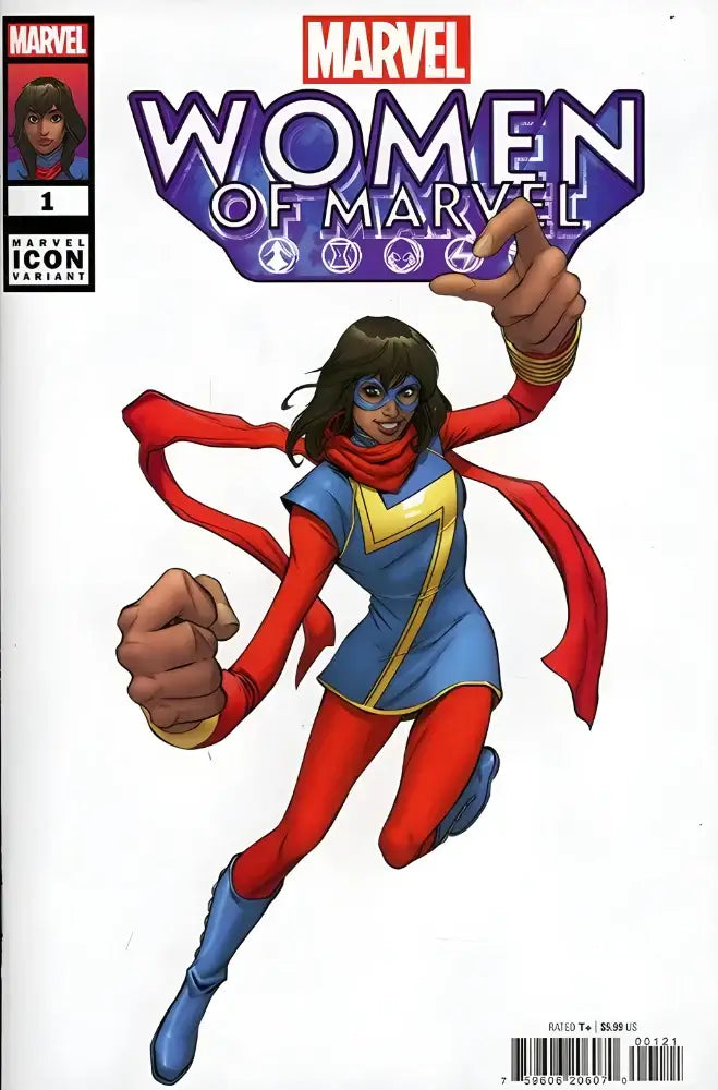 Women Of Marvel #1 Caselli Marvel Icon Variant comic cover with superhero in red and blue