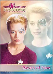 Trading card featuring a blonde woman in a purple outfit, Women of Star Trek P1 Promo Card